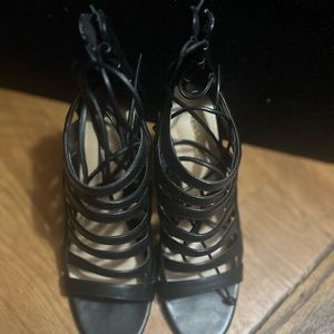 4inch Black Leather Stiletto Pumps with Gold Heel